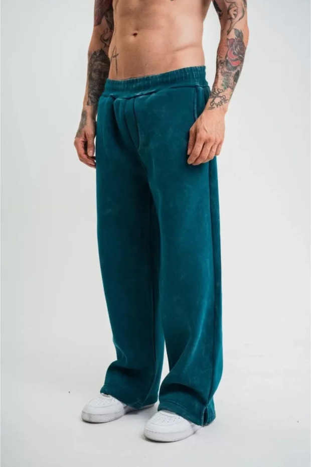 Slit Detailed Pipe Leg Baggy Sweatpants Trousers - Dark Sea Green - 1
