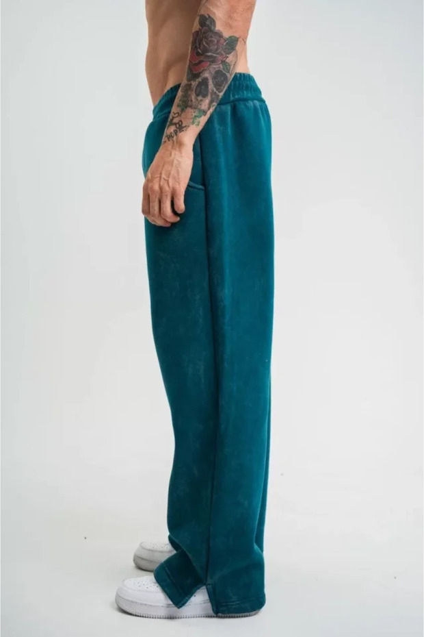 Slit Detailed Pipe Leg Baggy Sweatpants Trousers - Dark Sea Green - 2