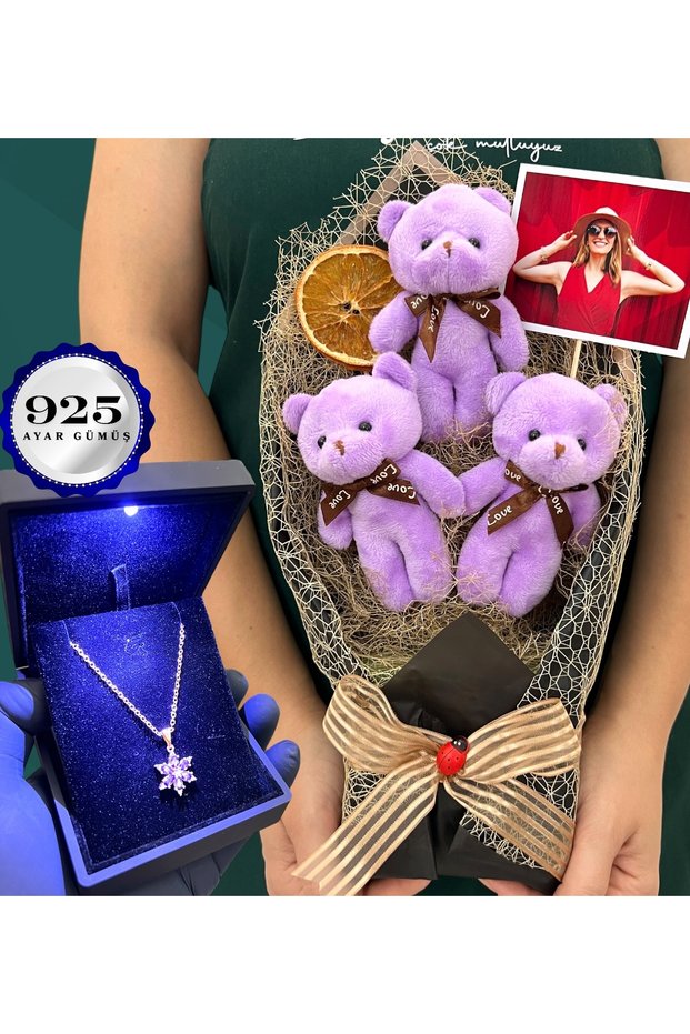 925 Sterling Silver Lotus Pendant in a Lighted Box and Oversized Plush Teddy Bear Bouquet with Photos