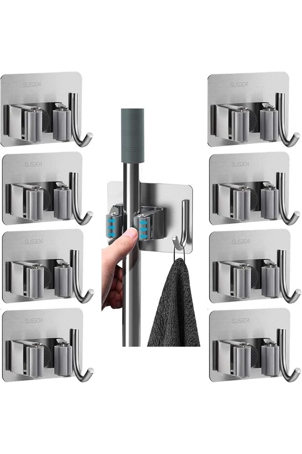 8 PCS Mop Broom Holder Wall Mount - Mop Holder Self Adhesive No Drilling Super Anti-Slip Bro