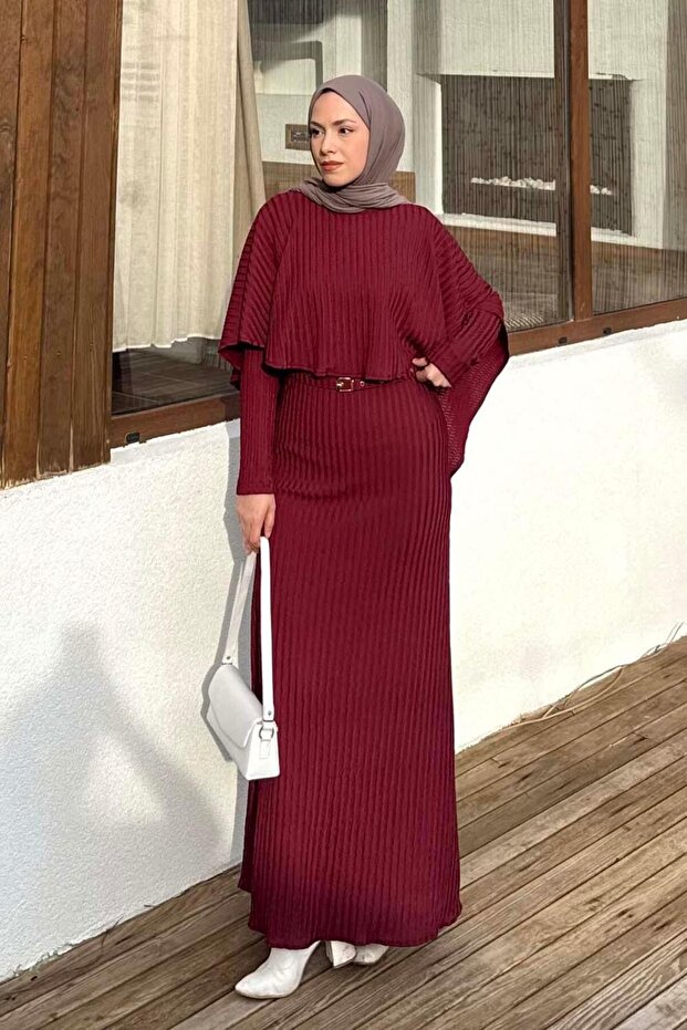 Herringbone Belted Dress Burgundy
