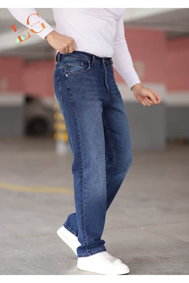 Men's Jeans Baggy High Waist Zippered Non-Spandex Blue with Ribbed Detail - 1