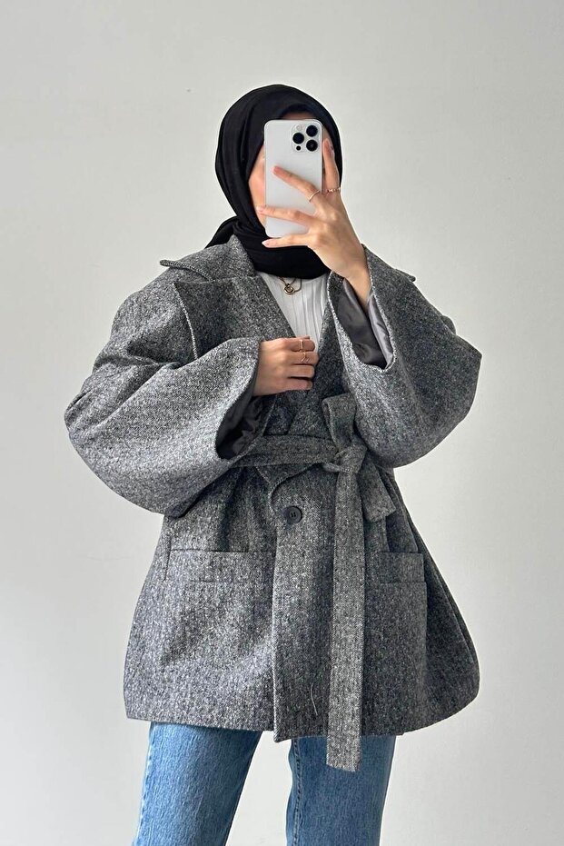 Herringbone Pattern Cashmere Coat Gray