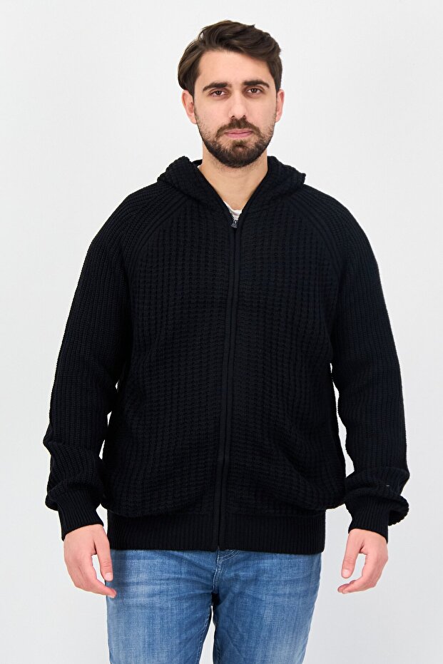 Men Solid Knitted Long Sleeve Full Zip Hoodie, Navy - 1