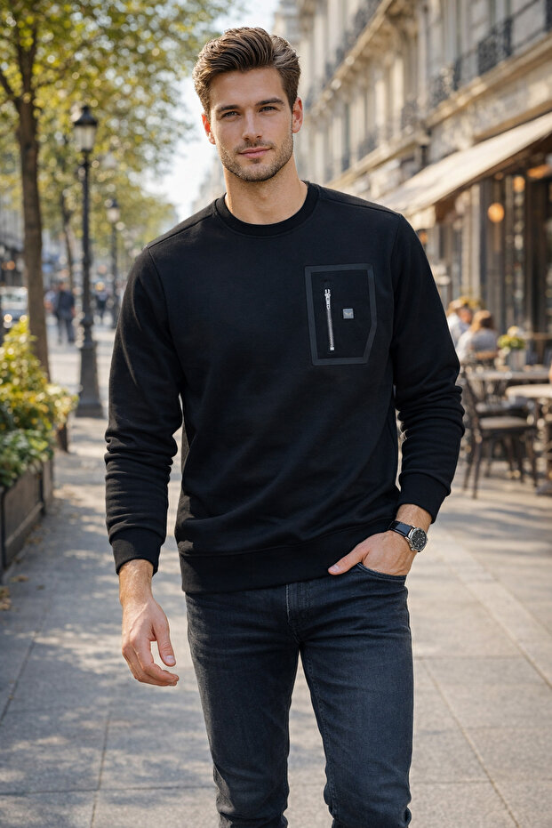 Men's Zipper Detail Crew Neck Cotton Sweatshirt 24722 Black