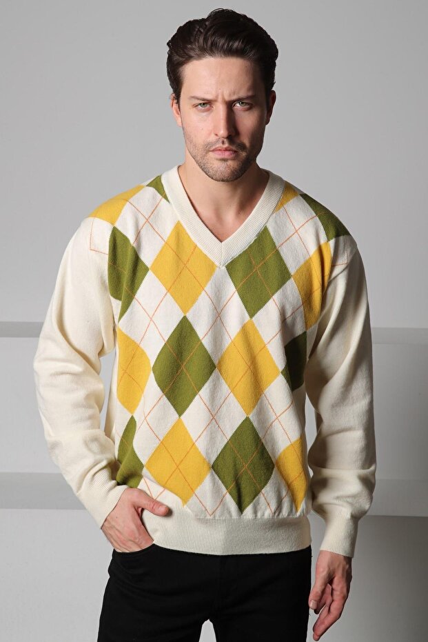 Ecru/Yellow V-Neck Colorful Diamond Patterned 100% Lamb Wool Men's Knitwear Sweater