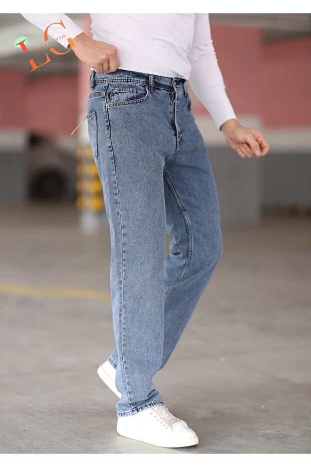 Men's Jeans Baggy High Waist Zippered Lycra Blue Snow Wash - 1