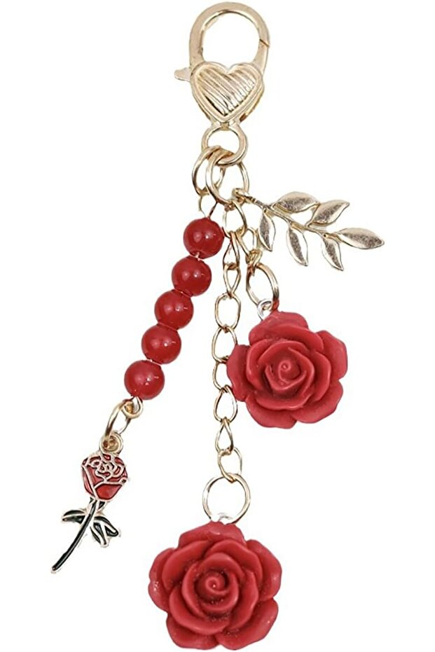 Rose Keychain, Purse & Handbag Decor Plastic+Metal Blend 4" Length Rose & Pearl Design