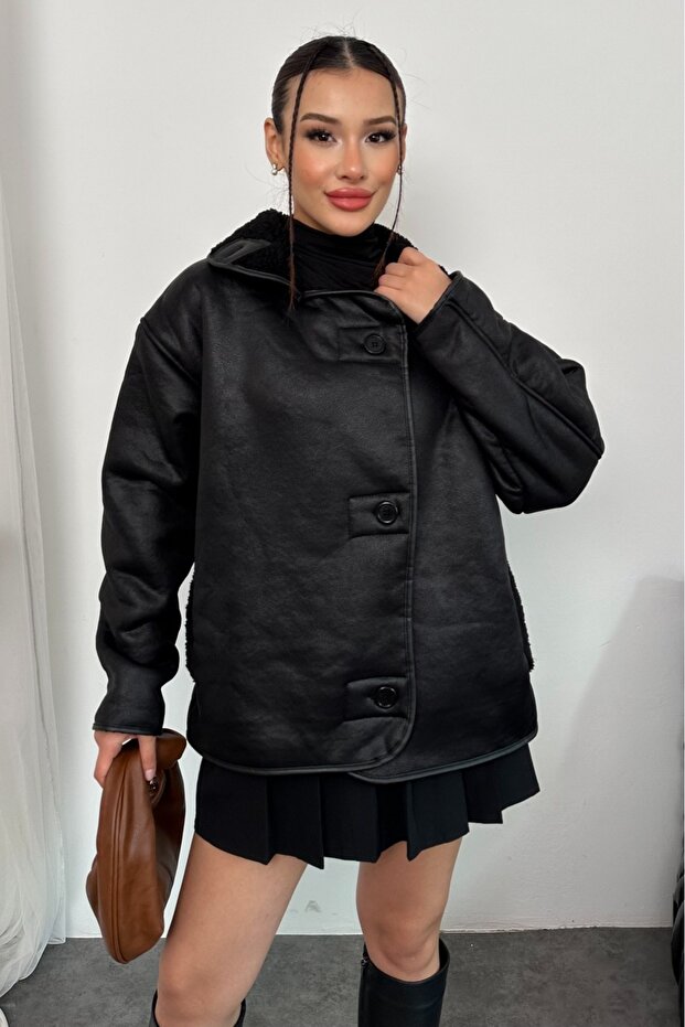 Women's Suede Leather Plush Lined Oversized Zr Model Coat Jacket - 5