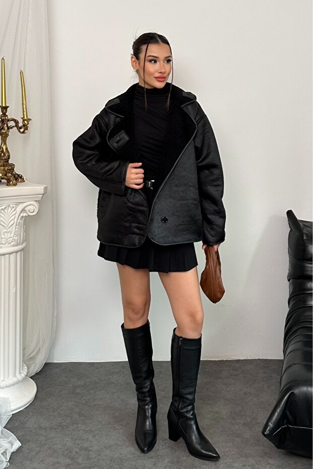 Women's Suede Leather Plush Lined Oversized Zr Model Coat Jacket - 2