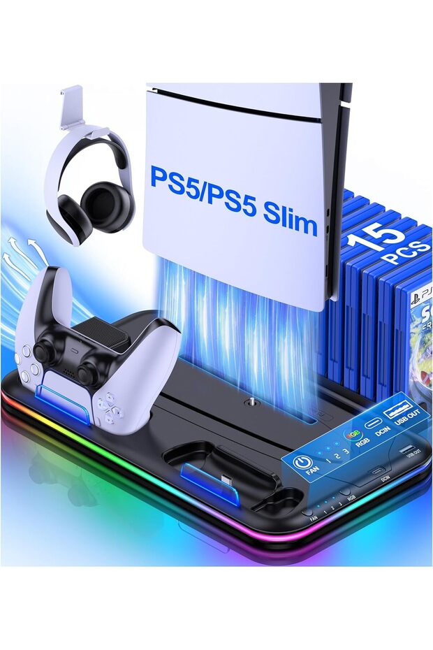 RGB LED Cooling Stand and Controller Charging Station for PS5 Slim,Headset Holder and 15 Game Slots,Black