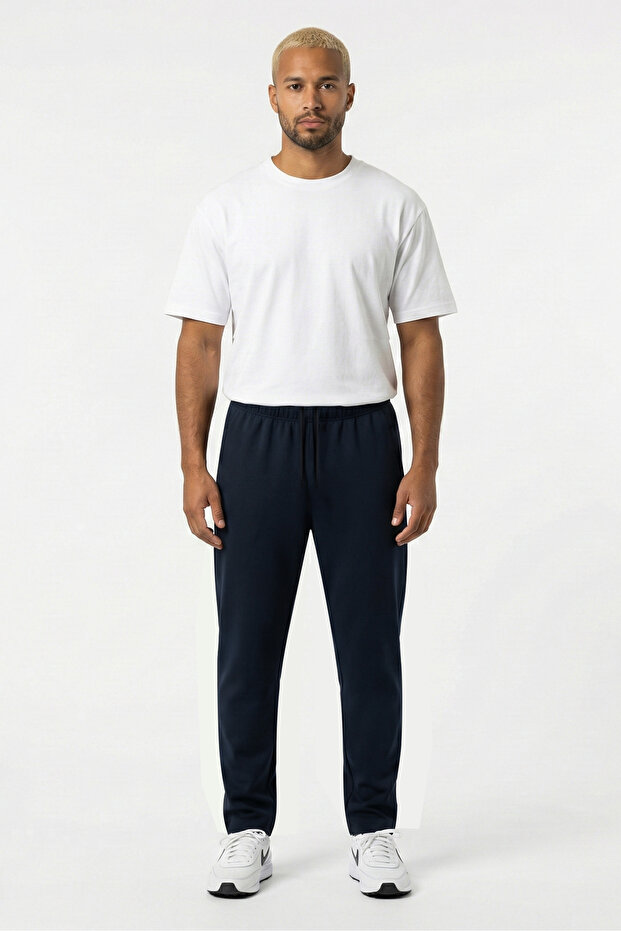 Men's Carlo Two Thread Lycra Regular Waist Relaxed Fit Stretch Trousers Dark Blue