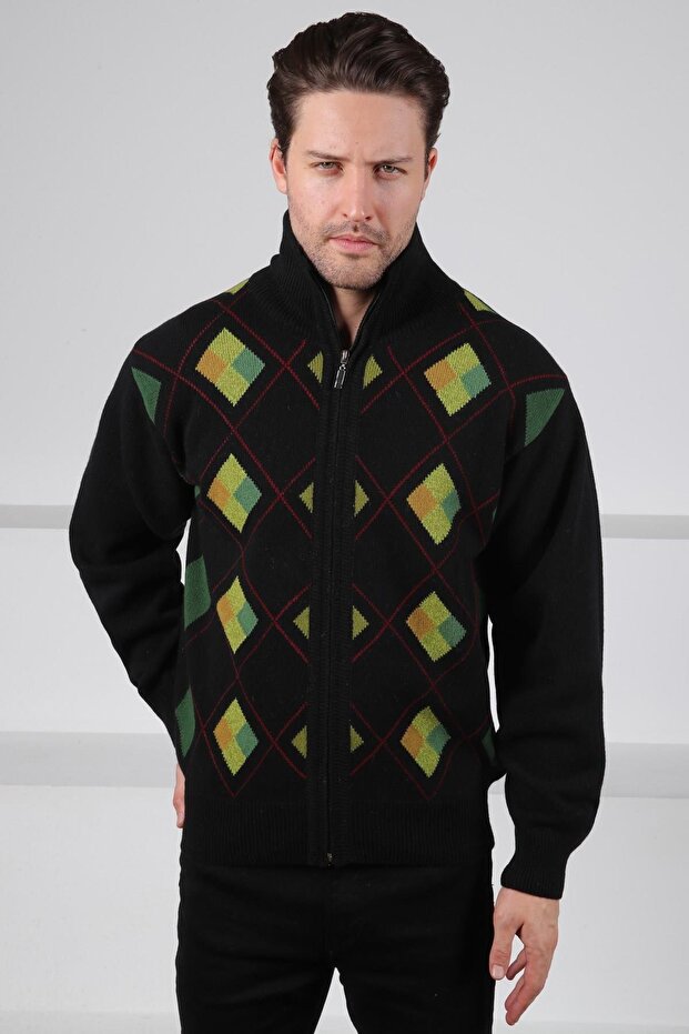 Black/Green Zippered Green Argyle Patterned 100% Lamb Wool Men's Knitwear Cardigan
