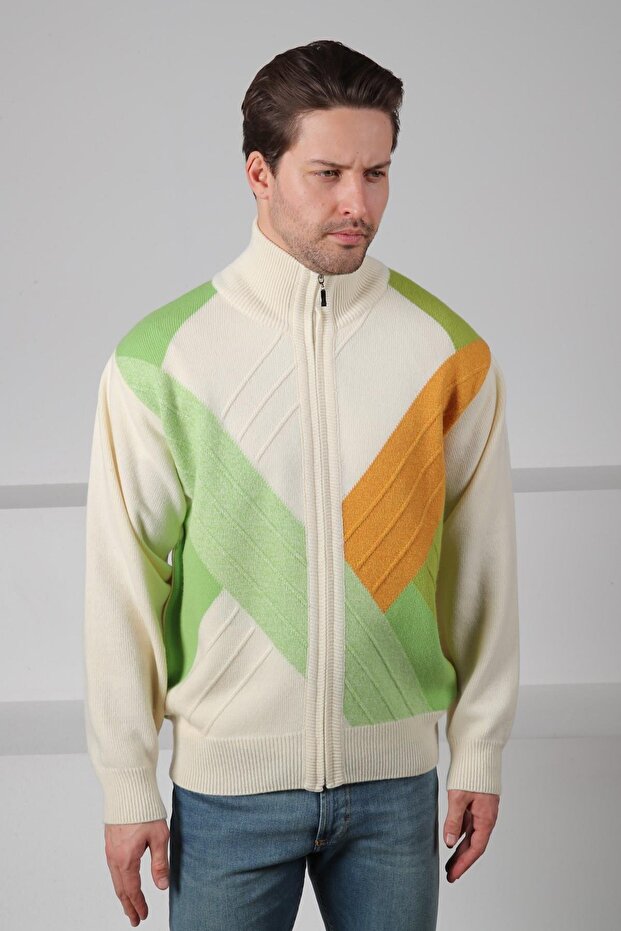 Ecru/Green Zippered Color Block Zippered 100% Lambswool Men's Knitwear Cardigan