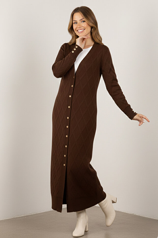 Patterned Long Mercerized Cardigan N3295 Brown