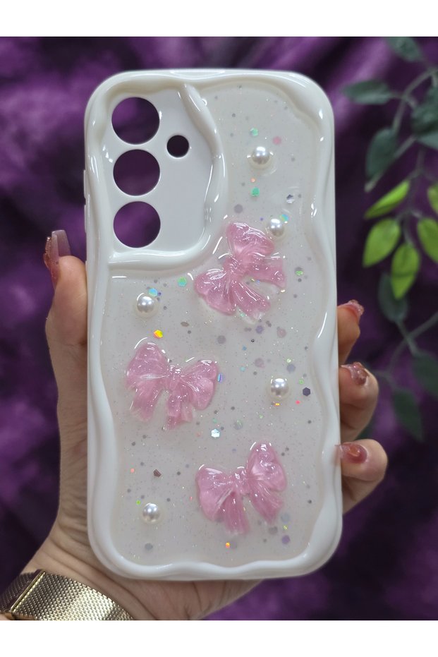 Samsung Galaxy S24 Fe Compatible Pink Bow & Pearl Detailed Glitter Epoxy Phone Case