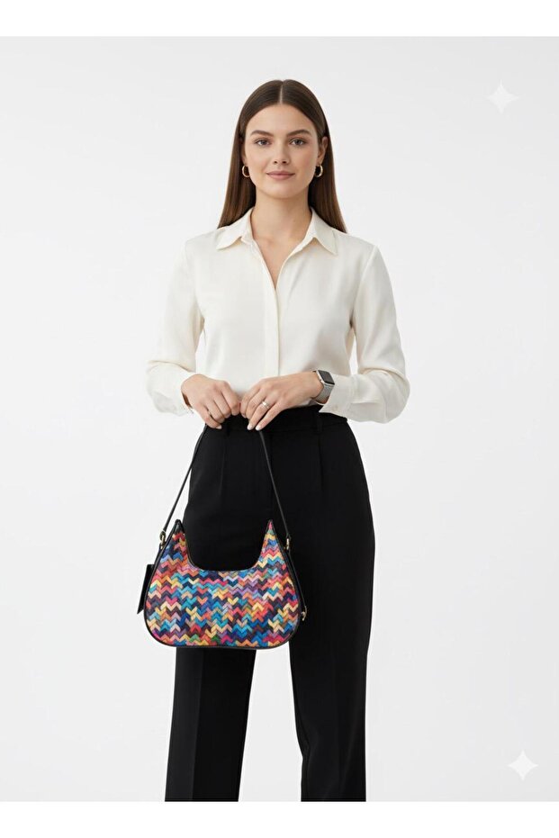 Patterned Zippered Baguette Bag with Extendable Strap
