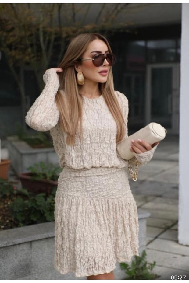 Dantel Drapeli Mini Elbise - 1