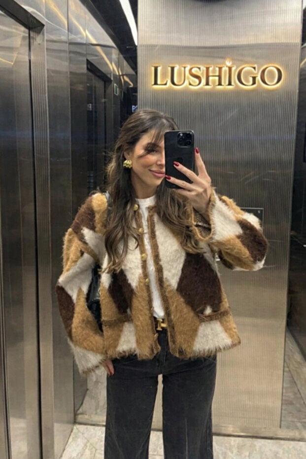 Women's Check Patterned Shaggy Stylish Buttoned Soft Knit Lussi Cardigan
