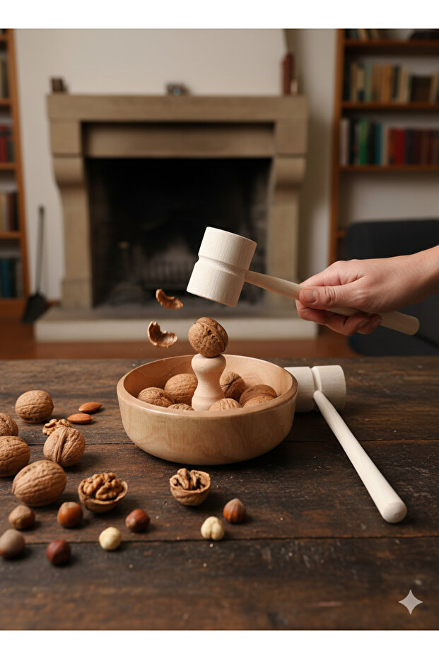 Natural Wood Walnut Crushing Set - 17 cm Wide Bowl with Pedestal and Ergonomic Pestle
