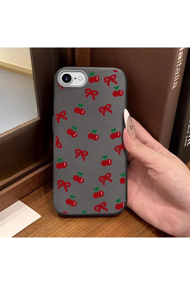 Phone Case Compatible with iPhone 7/8/Se 2020 2022 Leather Texture Anti Fall Soft Silicone Cherry