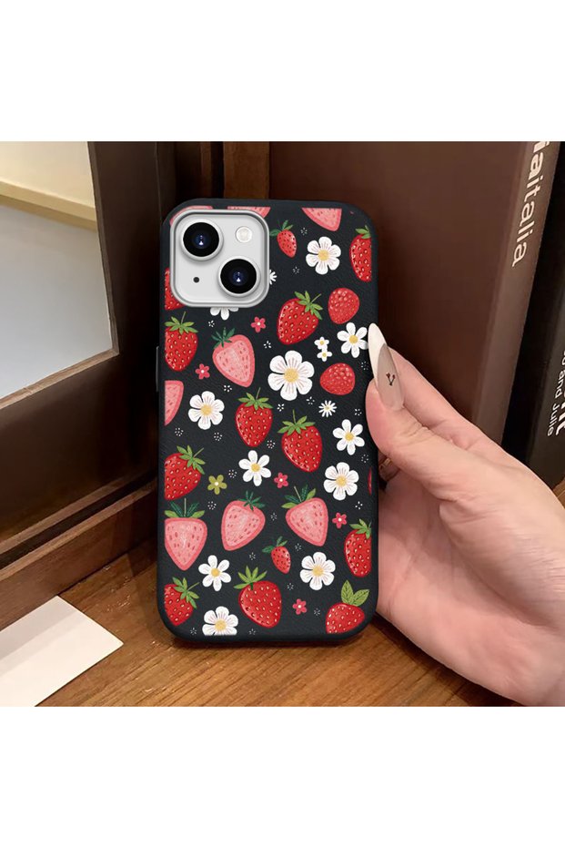iPhone 13/14 Compatible Phone Case Leather Texture Anti Fall Soft Silicone Strawberry