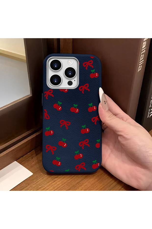 iPhone 14 Pro Max Compatible Phone Case Leather Texture Anti Fall Soft Silicone Cherry