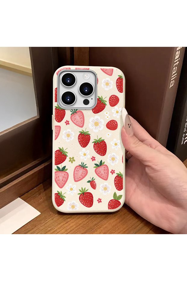 iPhone 14 Pro Compatible Phone Case Leather Texture Anti Fall Soft Silicone Strawberry