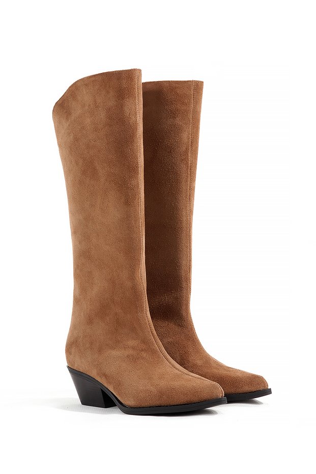 Shoes Stitching Detail Pointed Toe Chunky Heel Women's Genuine Leather Tan Color Suede Stylish Cowboy Boot