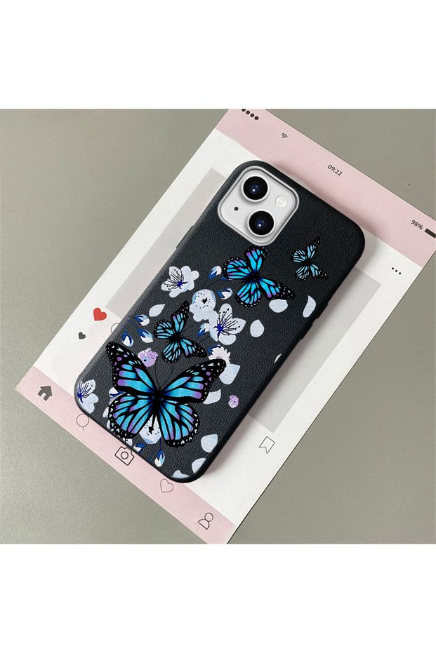 For iPhone 14 Plus/15 Plus Compatible Leather Texture Anti Fall Soft Silicone Phone Case Butterfly