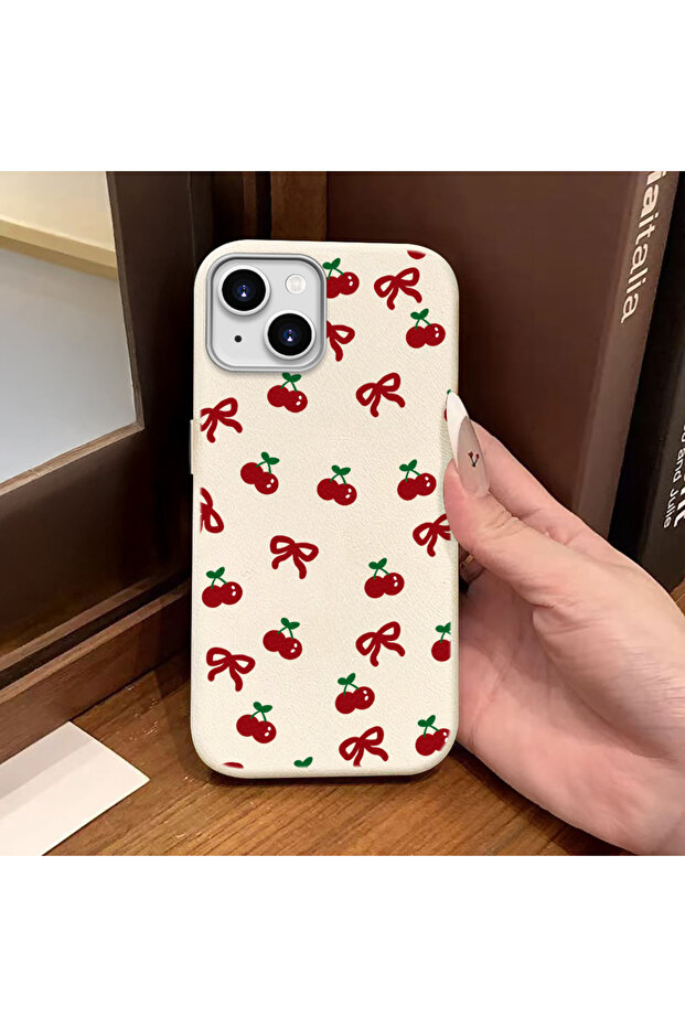 iPhone 14 Plus/15 Plus Compatible Phone Case Leather Texture Anti Fall Soft Silicone Cherry