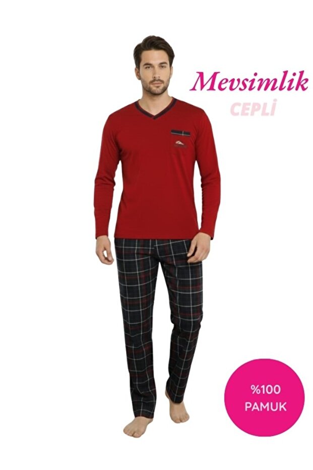 Men's Burgundy Plaid Pattern V-Neck Buttonless 100% Cotton Transitional Long Sleeve Pajama Set with Pockets
