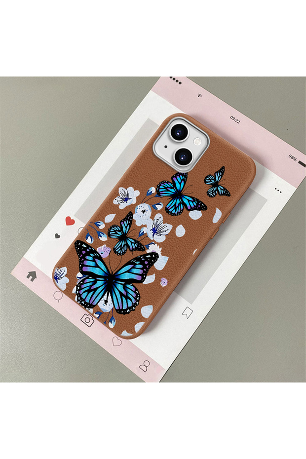 For iPhone 14 Plus/15 Plus Compatible Leather Texture Anti Fall Soft Silicone Phone Case Butterfly