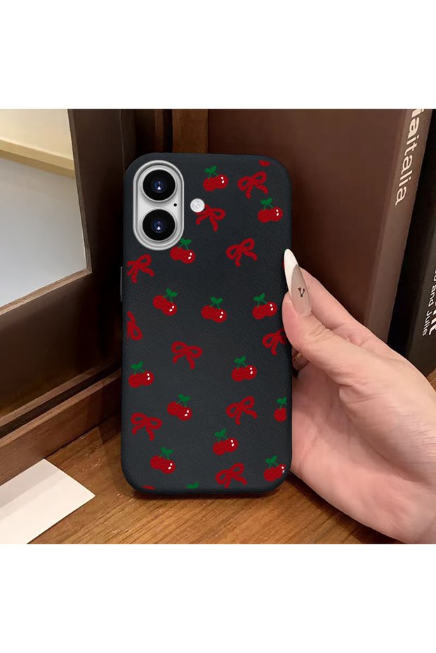 iPhone 16 Compatible Phone Case Leather Texture Anti Fall Soft Silicone Cherry