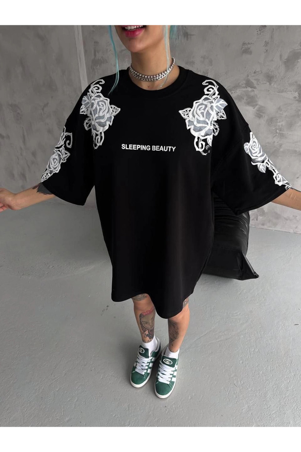 Women's Short Sleeve Summer T-Shirt Crew Neck Printed Oversize T-Shirt - Black