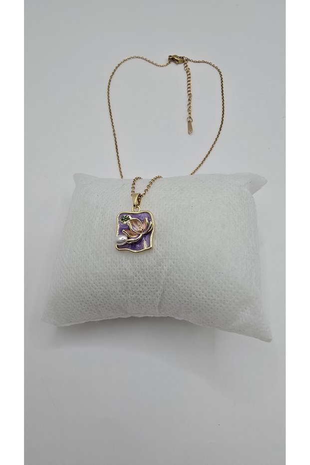 Stainless Steel Gold Color Vintage Purple Color Flower Detail Pearl Stone Necklace
