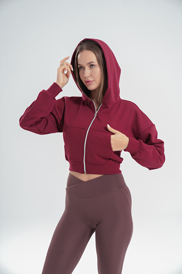 Burgundy Zippered Hooded Crop Sweat Cardigan
