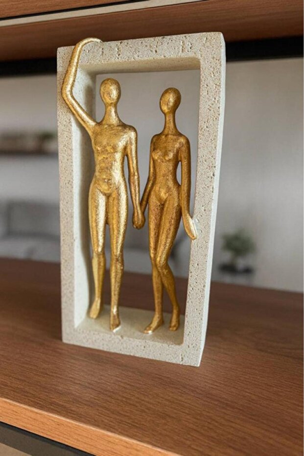 مجسم ثنائي فايبرو داخل إطار حجري – ذهبي – 30×15 سم