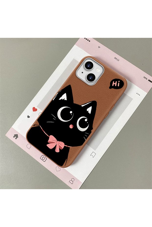 iPhone 15 Compatible Leather Texture Anti-Fall Soft Silicone Phone Case Cat