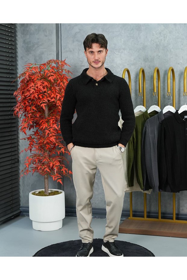 Men's Black Plush Textured Button Detailed Polo Neck Relaxed Fit Knitwear Sweater