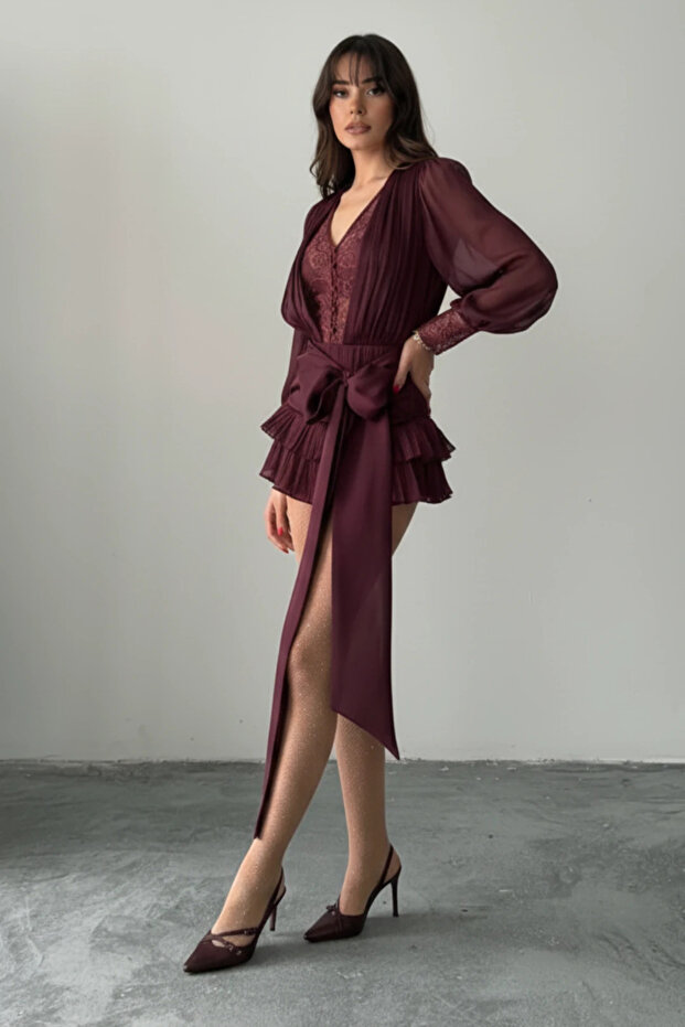 Dantel İşlemeli Volanlı Şifon Mini Elbise - 2