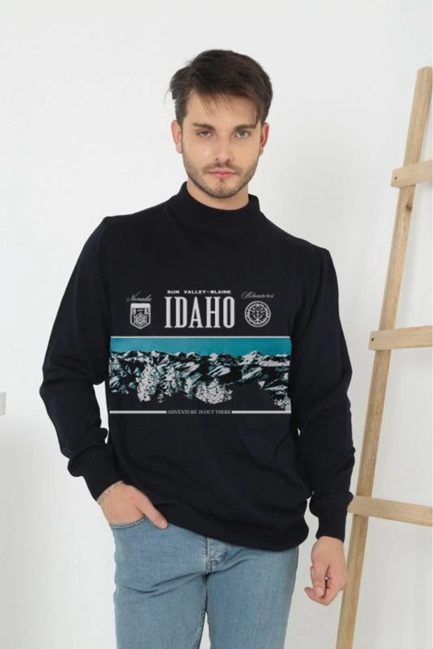 Men's Half-Turtleneck Sweater Printed Woven Knitwear - Black