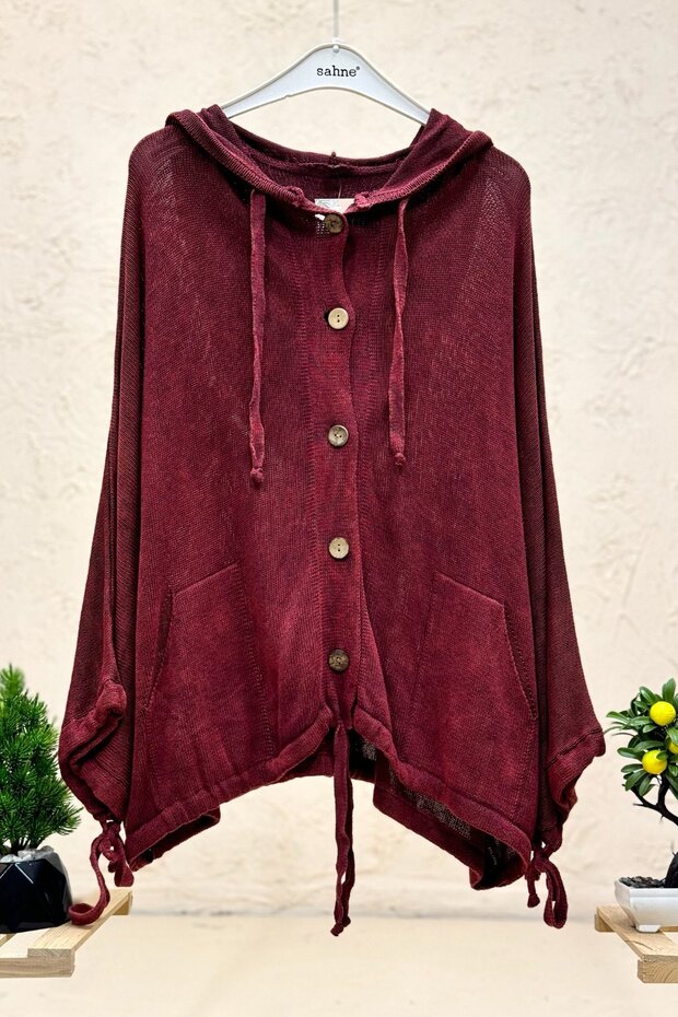 Buttoned hooded pocket bat wash organic knit cardigan