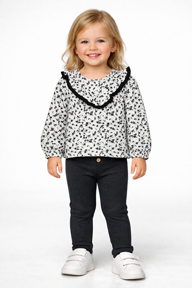 Girls' Black Floral Patterned Blouse Corded Fabric Leggings Two-Piece Set