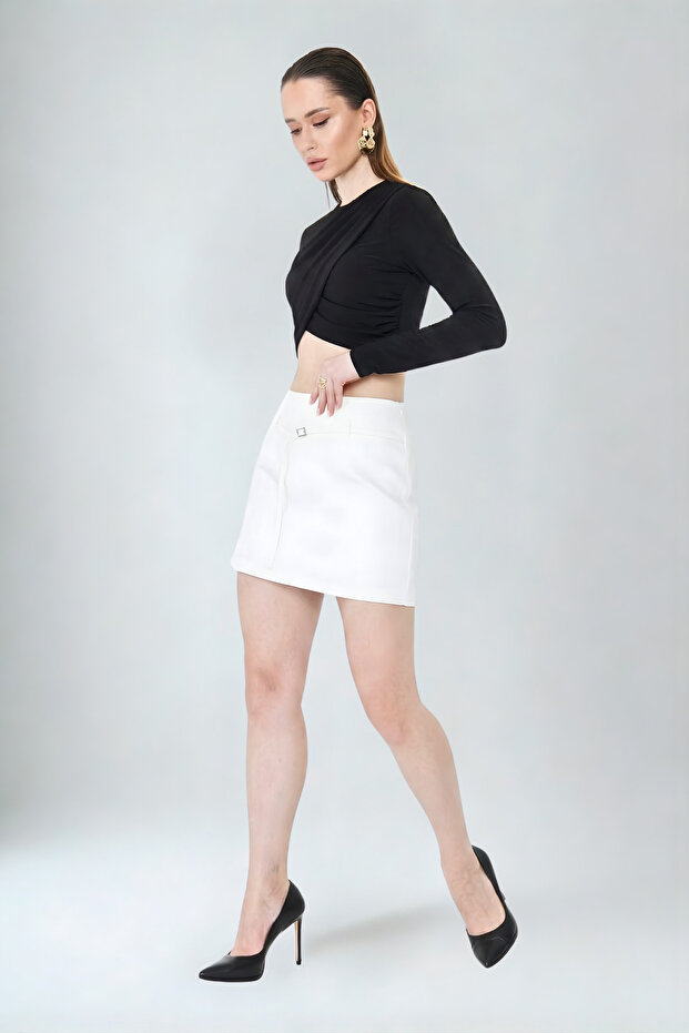 Shorts Skirt Women's Skirt with Shorts Mini Metal Buckle Belted Belted Side Zipper White Fabric - 4