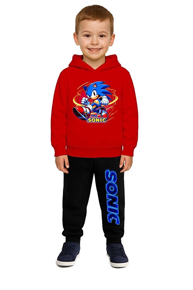 Sonic Printed Children's Tracksuit Set 3 Thread Ş Fleece-Lined Cotton Fabric Hooded