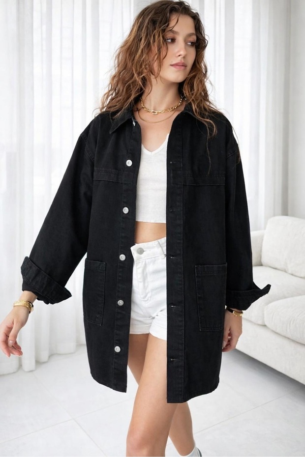 Women's Black Oversized Jean Jacket Long Model Jeans - 1