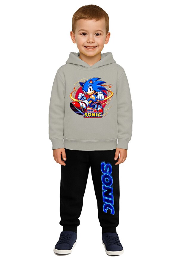 Sonic Printed Children's Tracksuit Set 3 Thread Ş Fleece-Lined Cotton Fabric Hooded