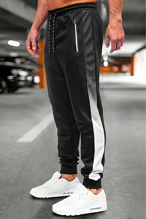 Perni Men's Black Slim Fit Gradient Stripe Zipper Pocket Jogger Sweatpants - 1