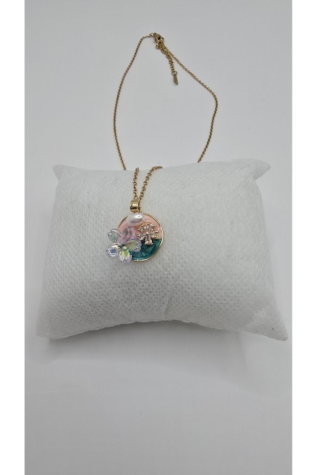 Stainless Steel Gold Color Vintage Clover Model Zircon and Pearl Stone Necklace